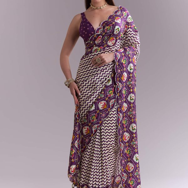 Orange Embroidered Croptop With Draped Skirt And Organza Jacket